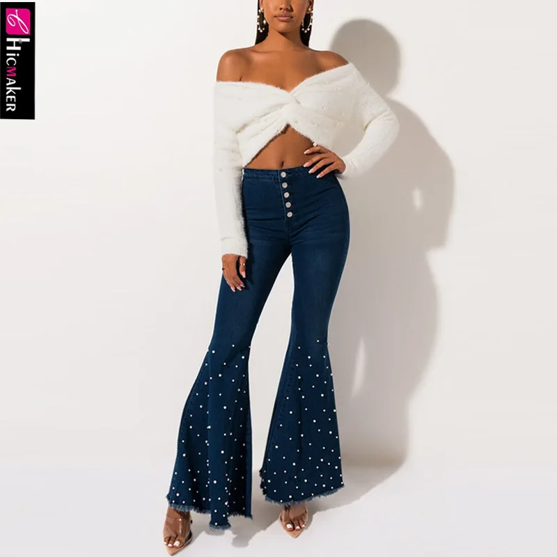 Для женщин большие размеры Высокая талия бисероплетение расклешенные джинсовые