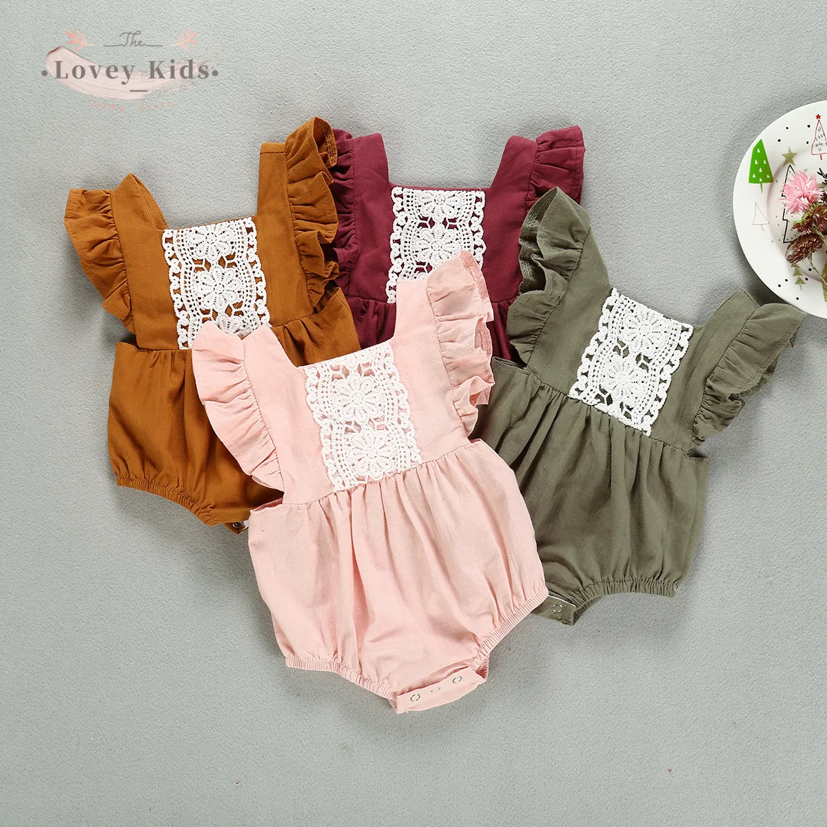 

2020 Toddler Baby Girl Clothes Bodysuits Ruffle Lace Patchwork Sweet Solid One-Pieces Square Neck 0-24M Newborn