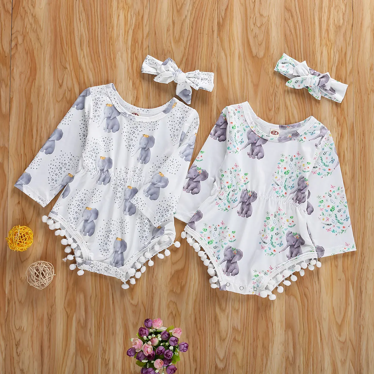 

Newborn Baby Girls 2 Piece Sets, Round Neck Long Sleeve Cartoon Printed Romper with Headband Outfit Clothes