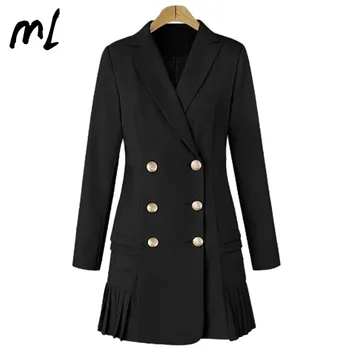 

New Large Size Women OL Sexy Lapel Long Blazer Jacket Double Breasted Fashion Long Sleeve Casual Office Elegant Pleated Dress