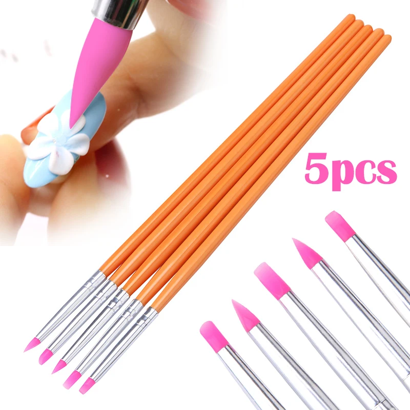 

5pcs/Set Pro Silicone Head Petal Flower Painting Drawing Carving Nail Art Brushes Pen Carving Tips Manicure Salon Tools