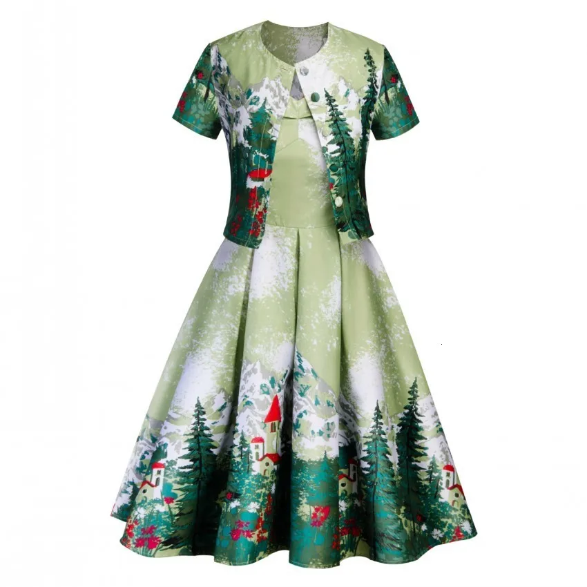 

AB2 -piece Set Women Christmas Tree Print Finger Dress Short Mouwen O -neck A -line Party Dress Swing Pin Up Herfst Dress