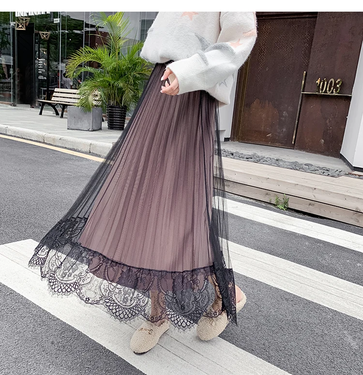 Velvet Skirt Women Autumn Winter Shiny Pleated Party Mesh Lace Skirt Elastic High Waist Patchwork Midi Long Skirt Korea