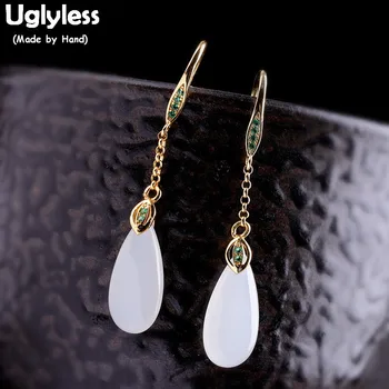 

Uglyless Fashion Simple Water Drop Jade Earrings for Women Green Zircons Brincos Elegant Party Dress Earrings 925 Silver E1653