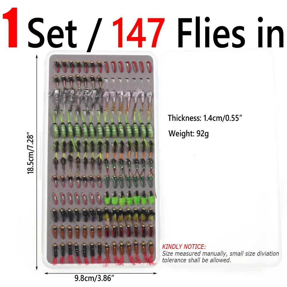 Bimoo 147pcs/Box Dry Wet Nymph Fly Fishing Lures Kit Bead Head