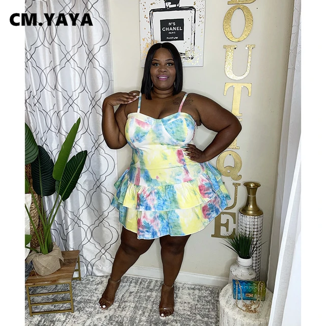 CM.YAYA Women Plus Size Dress Tie Dye Sleeveless Strap V-neck Loose  Cascading Ruffle Dresses Fashion Vestidos Summer Outfits - AliExpress