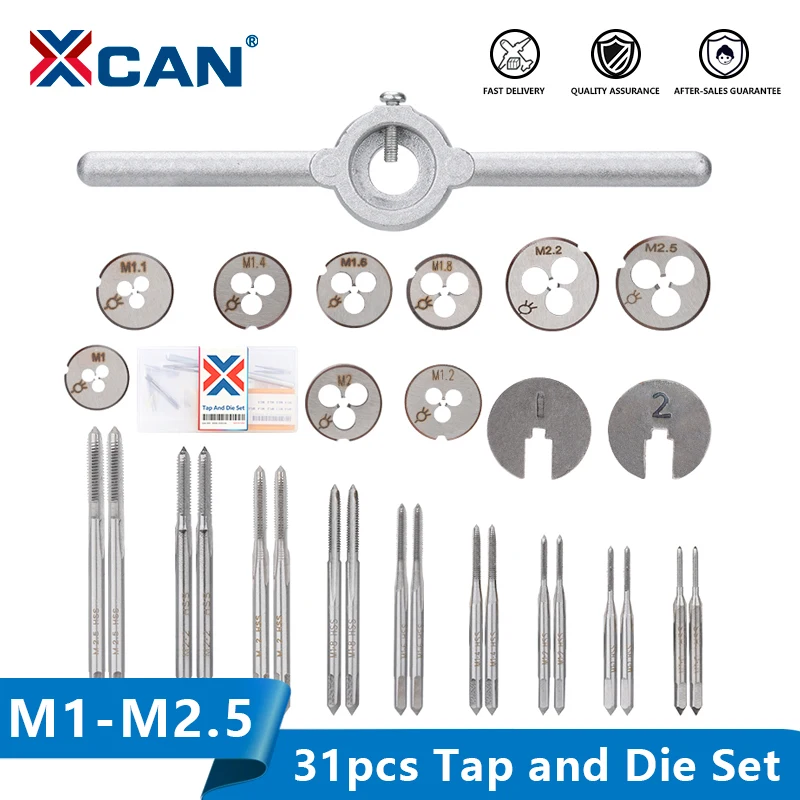 XCAN Tap Die Set 31pcs M1-M2.5 Metric Thread Tap and Die Screw Tap Die Wrench Threading Tools
