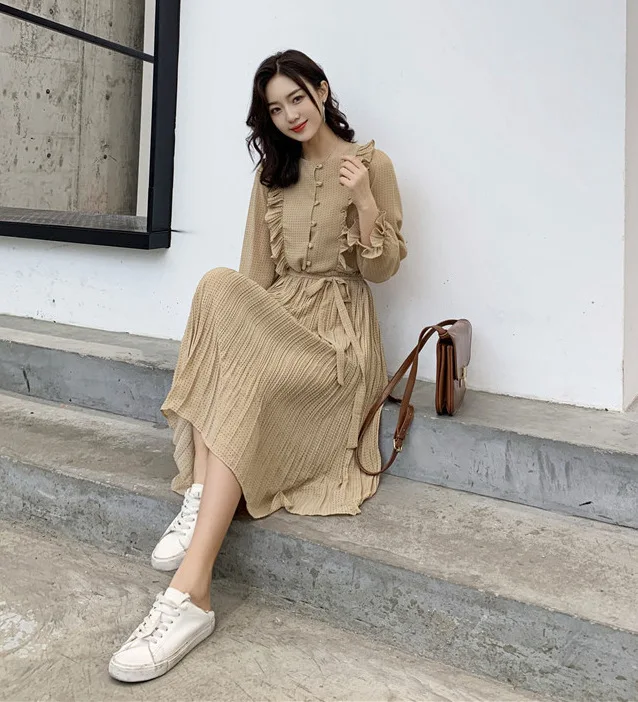 

French Retro Chiffon Dress 2019 New Style Immortal Mid-length Apricot Polka Dot Dress Women's
