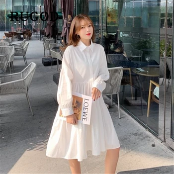 

RUGOD Korean chic loose women dress Elegant turn-down collar spring white dress 2020 Fashion irregular midi dresses vestidos
