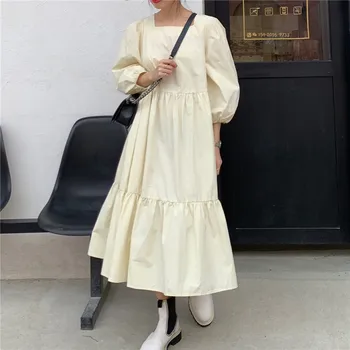 

Comelsexy Women Dresses Loose Cotton Summer Dress Slim Solid Puff Sleeve Long Dresses Vestidos Casual Black Apricot Autumn