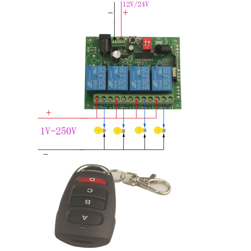 

Sleeplion DC 12V/24V 4 Channel 4CH RF Wireless Remote Control Switch System Receiver Transmitter 315 MHz Wireless Switch Relay