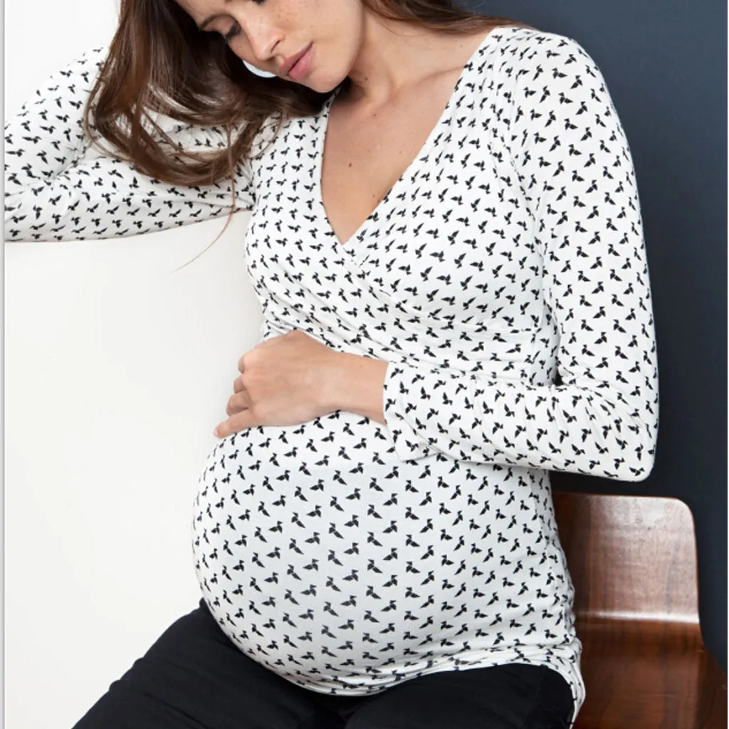 Осенняя Новая мода для беременных женщин Nusring Материнство v-образным вырезом с длинным рукавом оборками печатные блузки топы оптом Z4 - Цвет: D