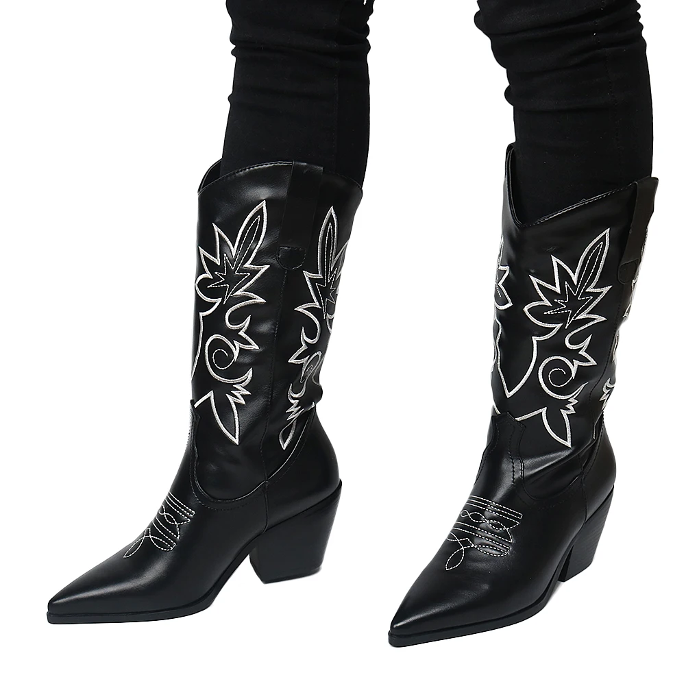 

SARAIRIS 2020 Brand Design Slip On Pointed Toe Embroidery mid-calf Boots Women Shoes Woman Western Boots Female
