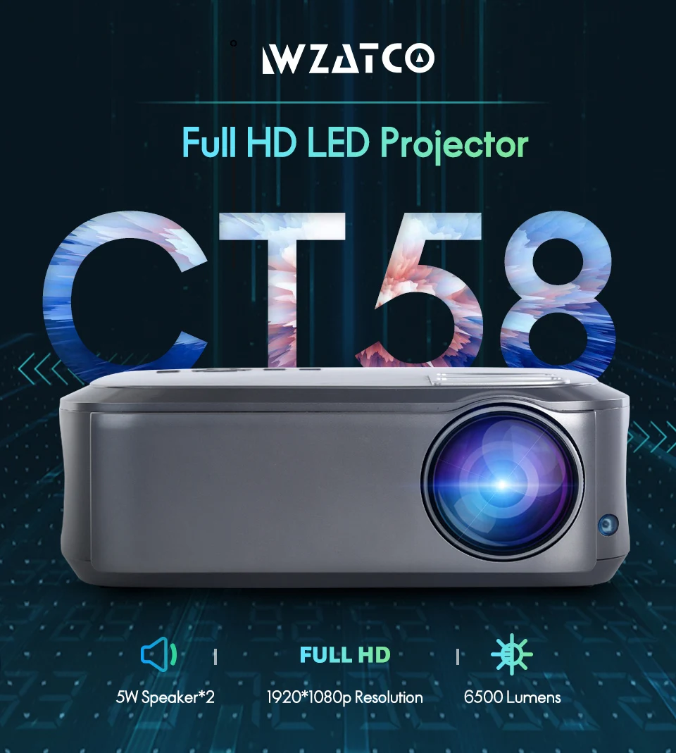 WZATCO T58 Android 9,0 проводной синхронизация Дисплей для Iphone Full HD светодиодный проектор 1920*1080p портативный видеопроектор для домашнего кинотеатра
