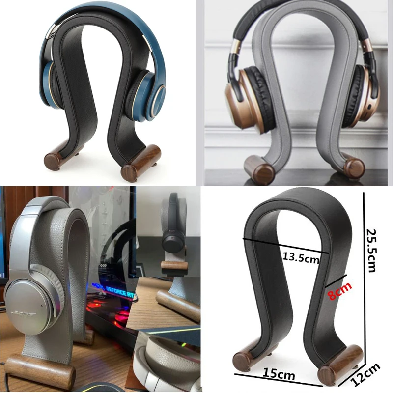 Universal Gaming Headset Stand PU Leather+Wood Headphone Holder Desk Display Shelf for Wired/Wireless Headphones Space Saving