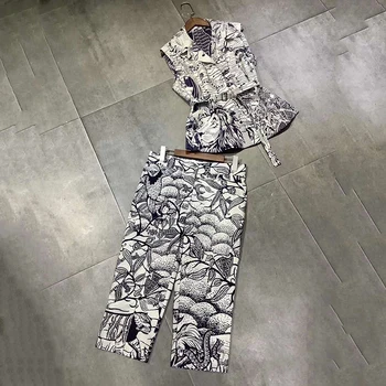 

VERDEJULIAY French Fashion Romantic Print Twinset Women Hidden Breasted Vest + Knee Length Pants Navy Blue Cotton Two Pieces Set