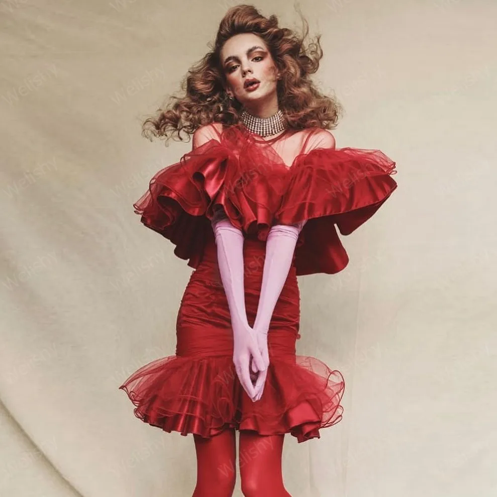 Vintage Red Mermaid Tulle Dresses Women Fashion Short Dress Tiered Ruffle Girls Party Cocktail Formal Gowns vestido de mujer