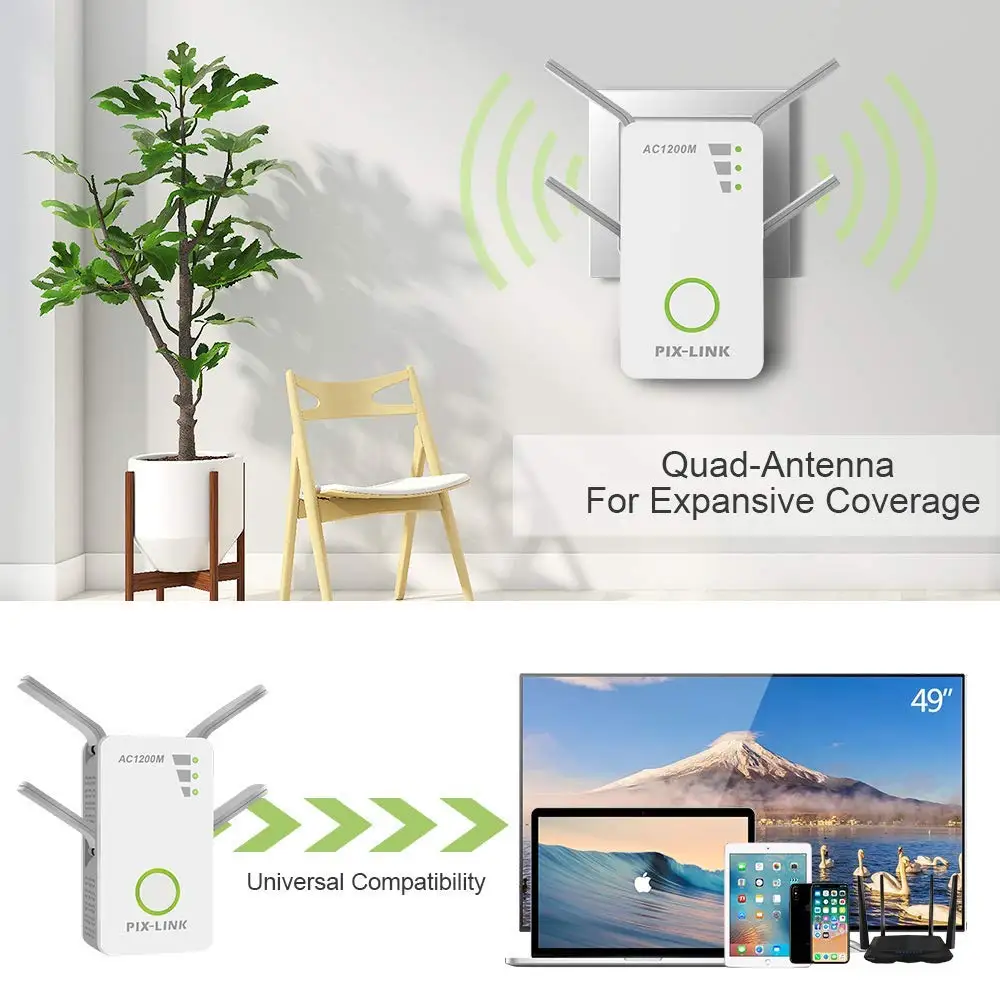 PIXLINK WiFi AC1200 роутер Wifi расширитель диапазона 1200 Мбит/с двухдиапазонный беспроводной Wi-Fi ретранслятор 2,4/5 ГГц 802.11AC 4 Внешние антенны