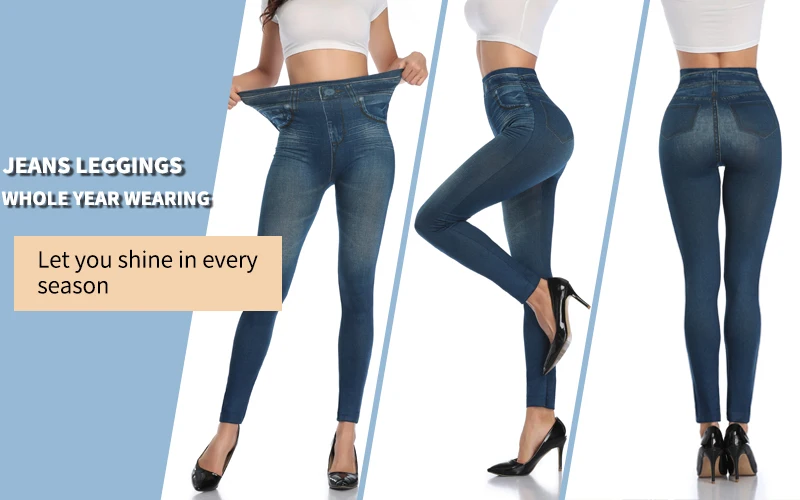 Women Slim Fashion Leggings Faux Denim Jeans Woman Fitness Pants Jeggings Leggings Printing Casual Pencil Pants Plus Size