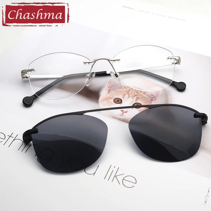 

Rimless Cat Eye Sunglasses Women Optical Glasses Frame Magnent Clips Sun Eyeglass Polarized Lenses Magnetic Glasses