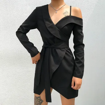 

Gothic Blazer Dress Women Summer One Shoulder Lace Up Asymmetrical Designer Long Sleeve Black Mini Dresses Party Streetwear OL