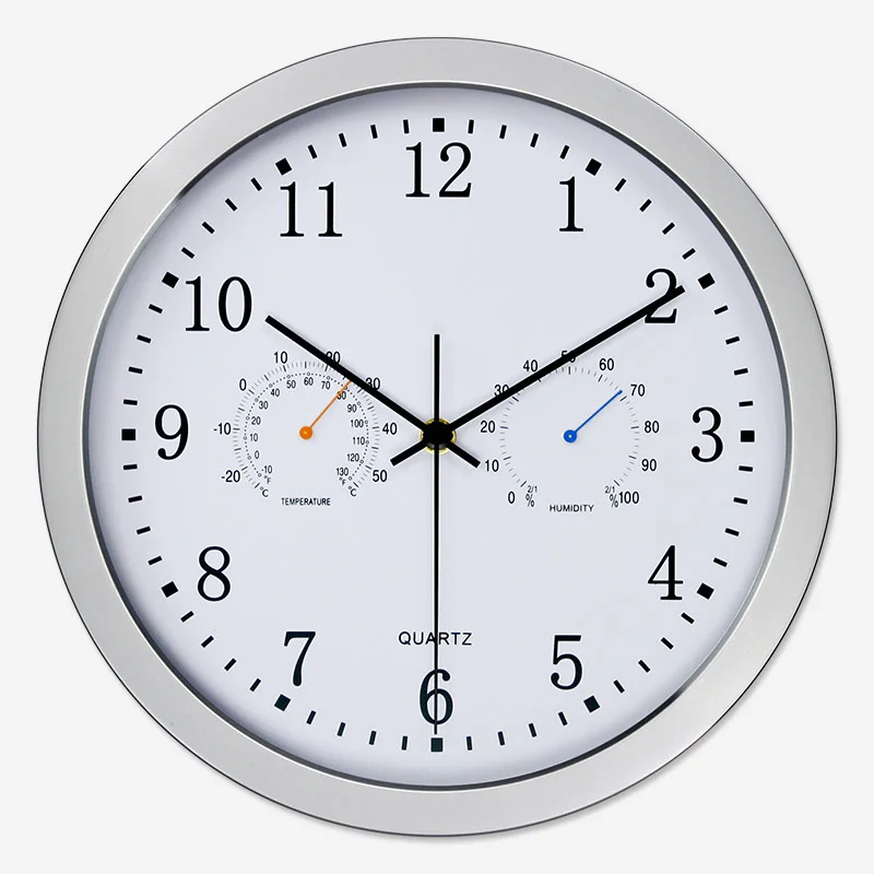 Тихий Кварцевый Металл настенные часы с термометром гигрометр Тихий развертки движение не тикающий домашний декор дизайн - Цвет: Серебристый