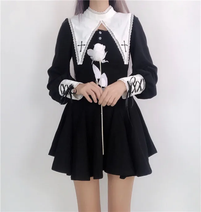Black Short Dress Японское черное готическое платье в стиле Лолиты в стиле Харадзюку; праздничное платье для костюмированной вечеринки с изображением сестры монахи - Цвет: Black Short Dress