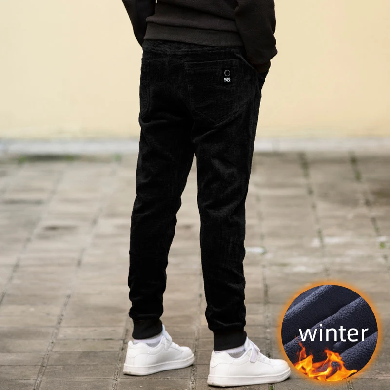 Black(velvet) Для маленьких мальчиков штаны для подростков, зимние штаны для девочек из хлопка однотонный вельветовый брюки для девочек; бархатный плюш; сезон осень Повседневное длинные брюки для мальчиков на зиму - Цвет: Black(velvet)