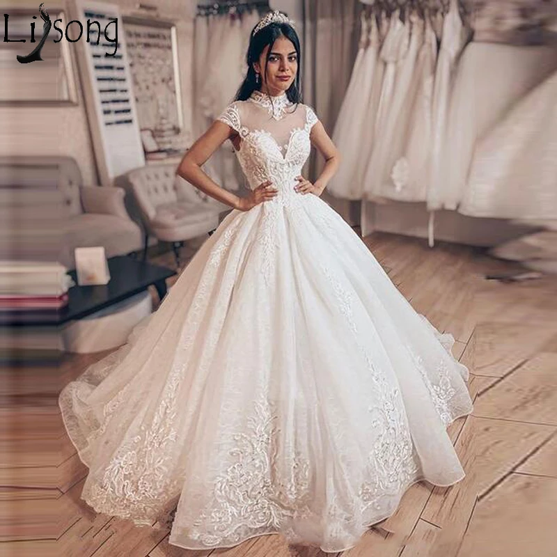 Amazing High Quality Princess ball gown Wedding Dresses 2019 high neck Dubai Arabic bridal gowns Sparkly beaded lace vestidos de novia