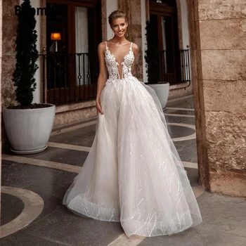 

Booma Amazing Lace Beaded Boho Wedding Dresses Sheer Neck Sequined Bridal Gowns Sweep Train Tulle Beach Wedding Gown Plus Size