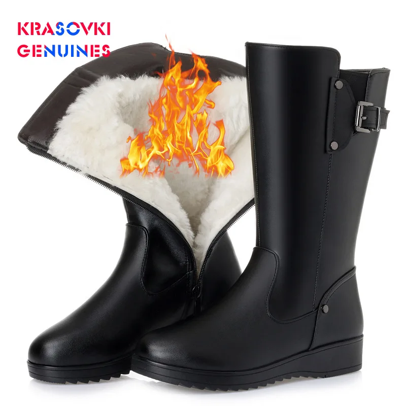 Krasovki/женские зимние сапоги из натуральной шерсти Теплые плюшевые до колена кожи