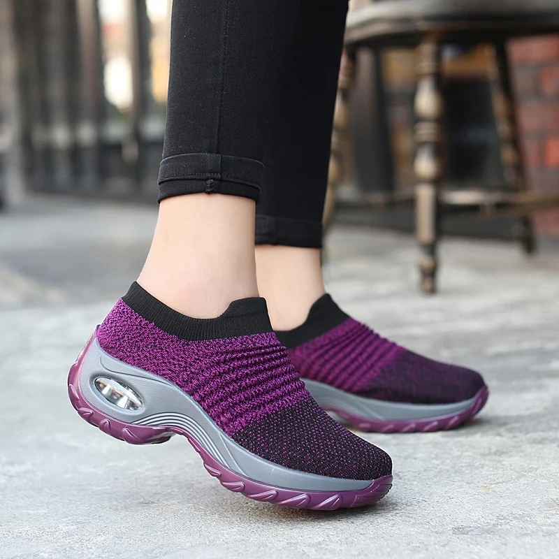 Женские кроссовки на плоской подошве, без шнуровки, на платформе, повседневная спортивная обувь, женские черные дышащие сетчатые носки, прогулочные спортивные кроссовки - Цвет: Purple