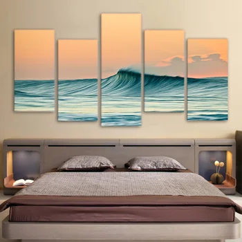 

5 Pieces Canvas Print Sea Waves Canvas Painting Seascape In Sunset Modular Pictures For Home Decor Canvas Painting