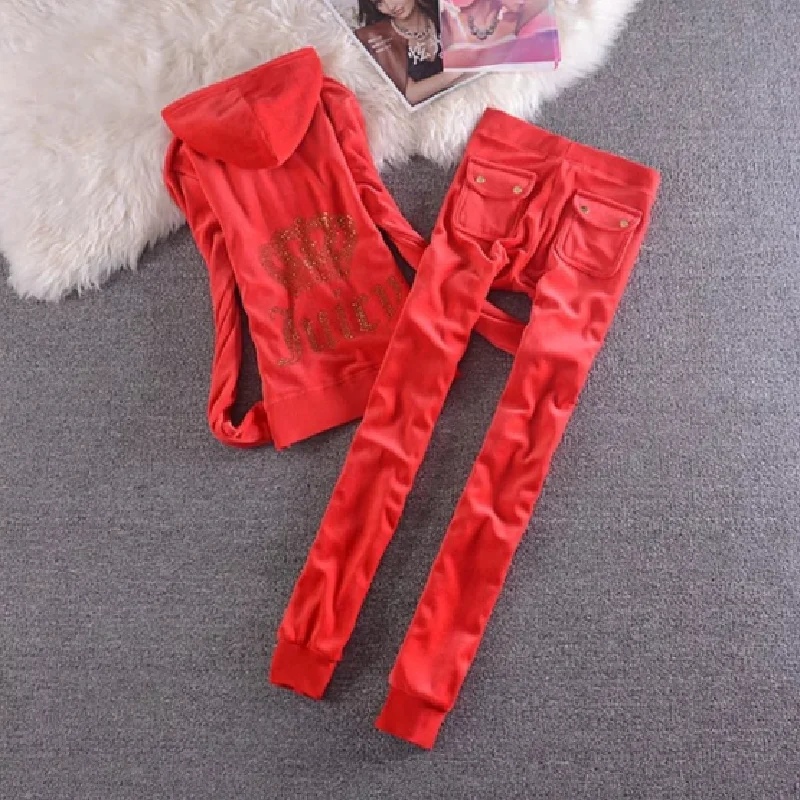 2021 Women's Elegant Velvet Tracksuit Two Piece Set Women Sexy Hooded Long Sleeve Top And Pants Bodysuit Suit 2
