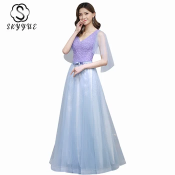 

V-neck Evening Dresses Skyyue ER500 Cap Sleeve Elegant Evening Gowns Long Shining Beading Crystal A Line Robe De Soiree