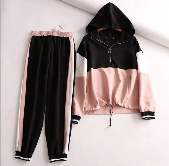 fashion long sleeve women suit two piece sets patchwork outfits hooded tops and trousers plus size autumn women clothes