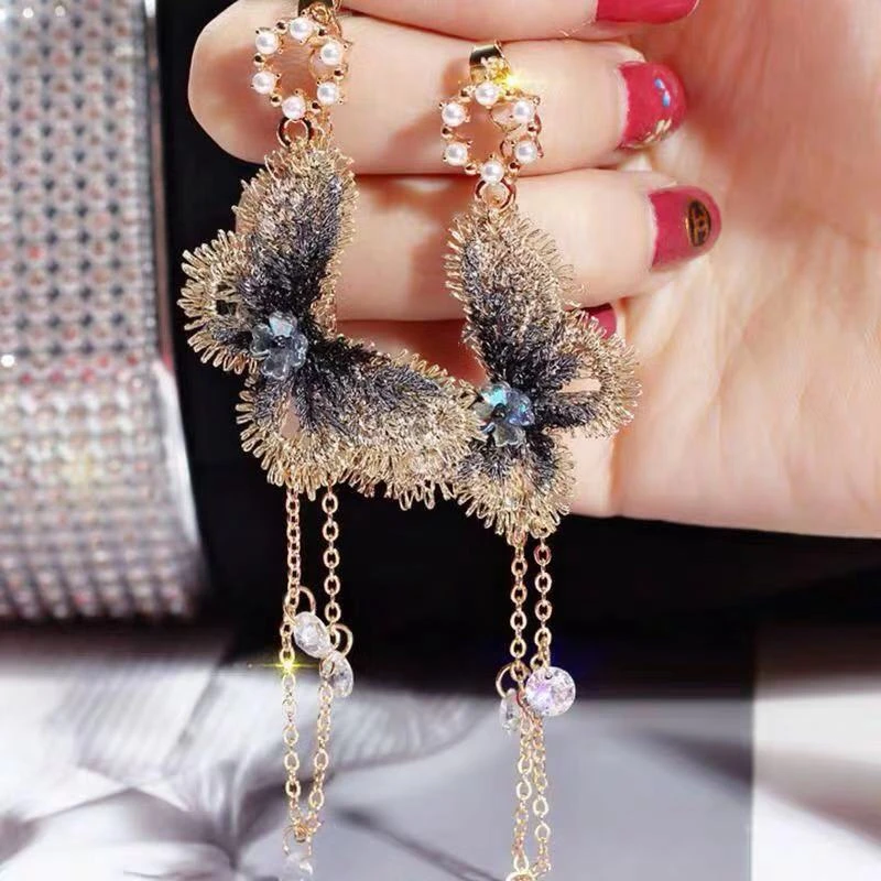 

H:HYDE 2019 New Fashion Women Girls Pearl Earrings Embroidery Butterfly Crystal Long Tassel Drop Dangle Earrings Jewelry Gift