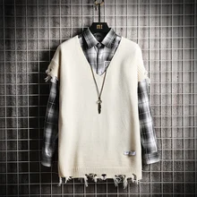 Осенний свитер жилет мужской модный однотонный Повседневный v-образный вырез вязаный свитер жилет мужской уличная Свободный пуловер с дырками мужская одежда M-3XL