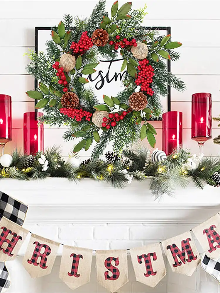 18in Christmas Wreath Window Door Ideal Winter Advent Garland Decorated Red Berries Evergreen Leaves Burlap Ball Indoor Outdoor Aliexpress