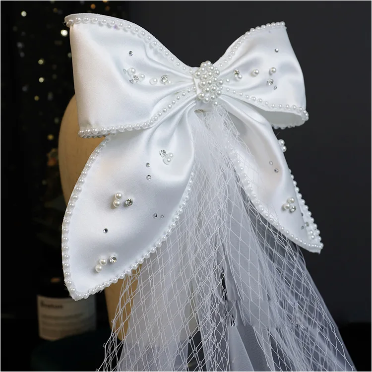 Bow veil Pearl hair clips Embellished Princess Satin Veil Bridal Headdress Romantic Wedding Hair Accessories