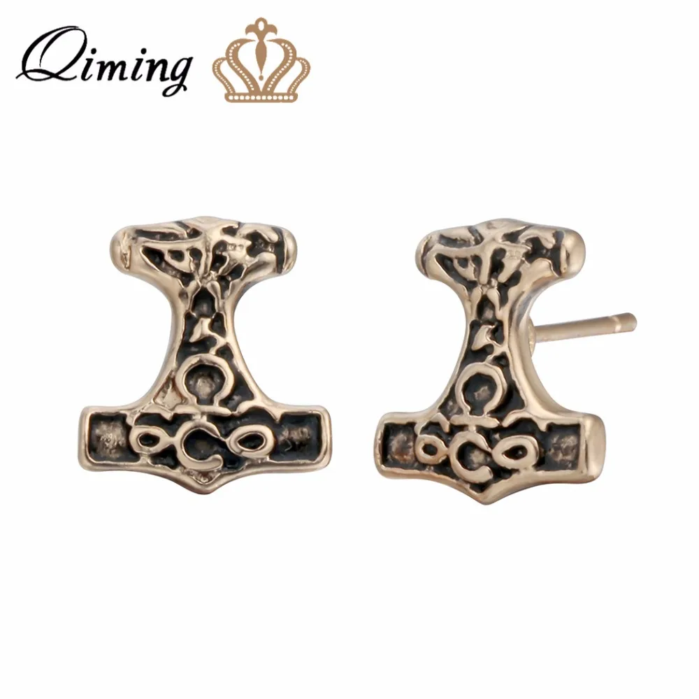 QIMING антикварные Thor's Hammer серьги гвоздики Тор ювелирный молоток Шпилька Викинг