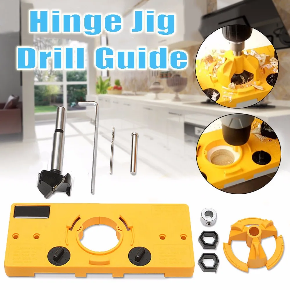 35mm Forstner Bit Guide Hole Puncher Hole Locator Cup Style Concealed Hinge Jig DIY Tool for Cabinet Door Installation Hinges Yellow 35mm Hinge Drilling Jig