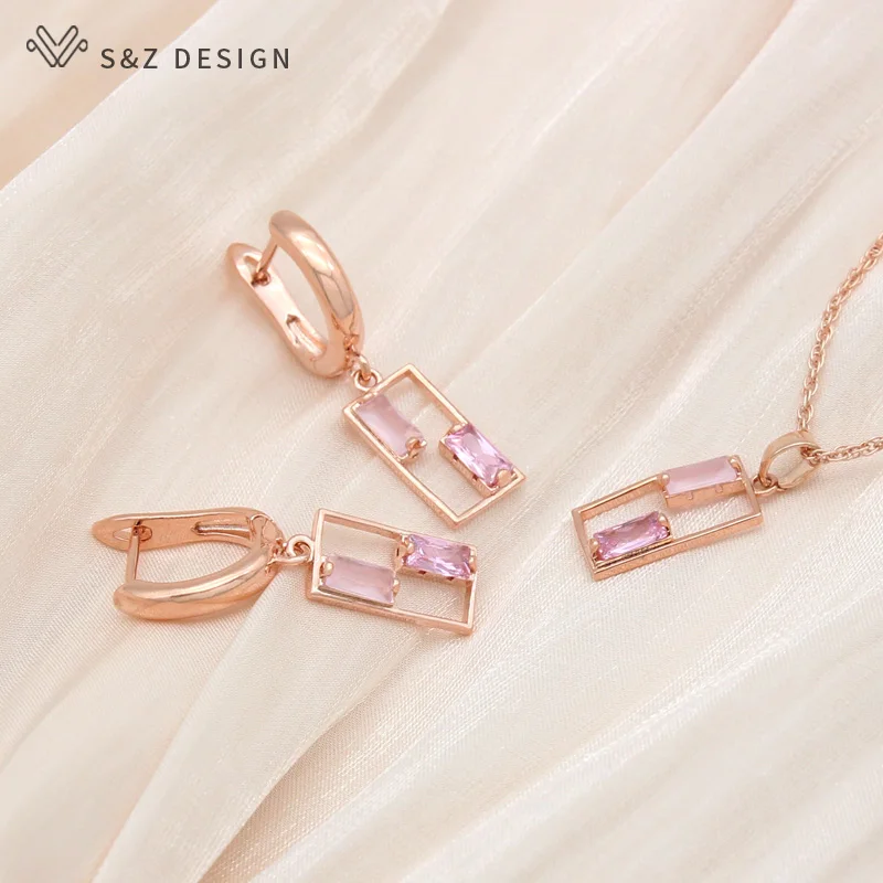 S&Z DESIGN New Unique Double Color Square Cubic Zirconia Dangle Earrings Jewelry Sets For Women 585 Rose Gold Pendant Necklace