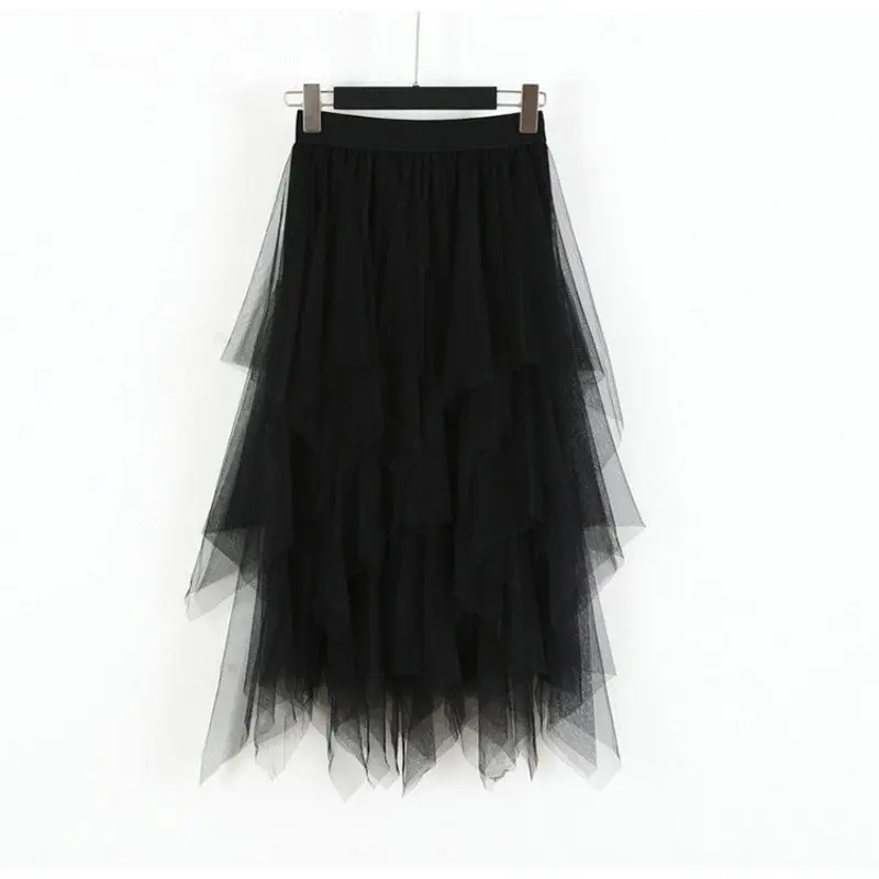 Мода, весенние вечерние юбки, эластичная длинная фатиновая юбка с высокой талией, Женская юбка-пачка с неровным подолом - Цвет: Черный