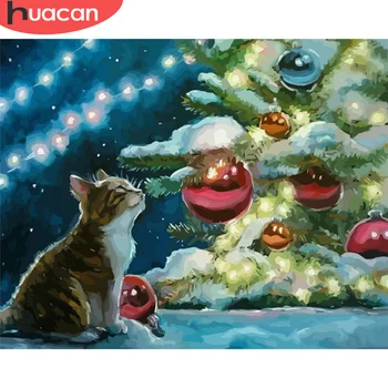 

HUACAN Painting By Number Christmas Cat Drawing On Canvas HandPainted Art Gift DIY Pictures By Number Animal Kits Home Decor