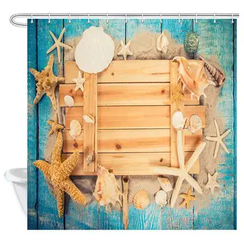 

Nautical Shower Curtain, Shells and Starfish on Wooden Board Shower Curtain Bathroom with Hooks, Waterproof Home Decor Curtain