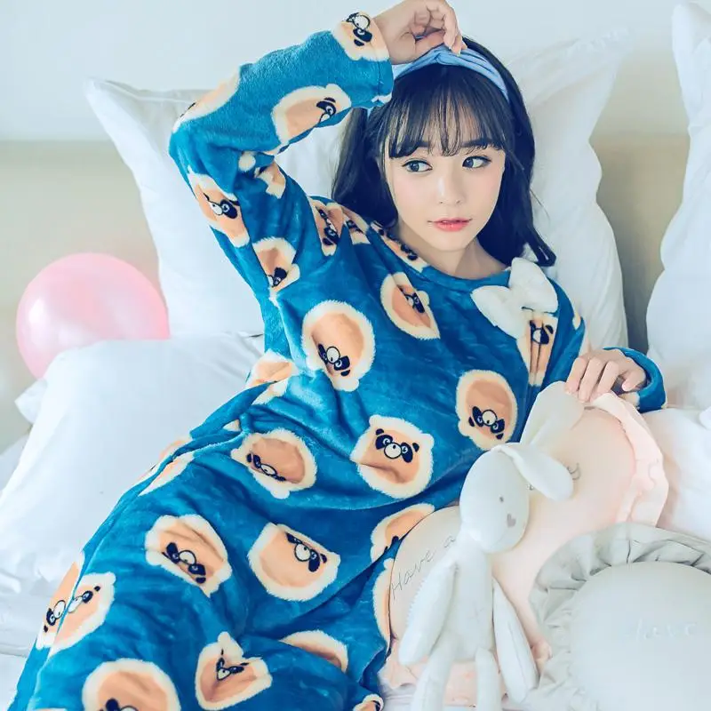 Зимняя теплая детская ночная рубашка женская пижама с длинными рукавами Повседневное ночная рубашка интимное белье из кораллового флиса, одежда для сна, домашний халат - Цвет: Style J