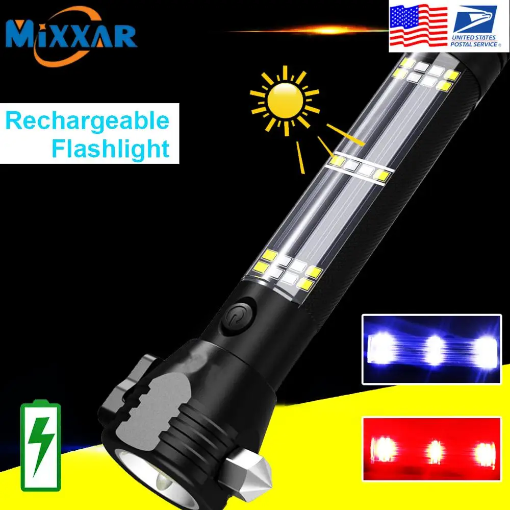 EZK20 Dropshipping LED Flashlight Solar USB Rechargeable Tactical Multi-function Torch Car Emergenc