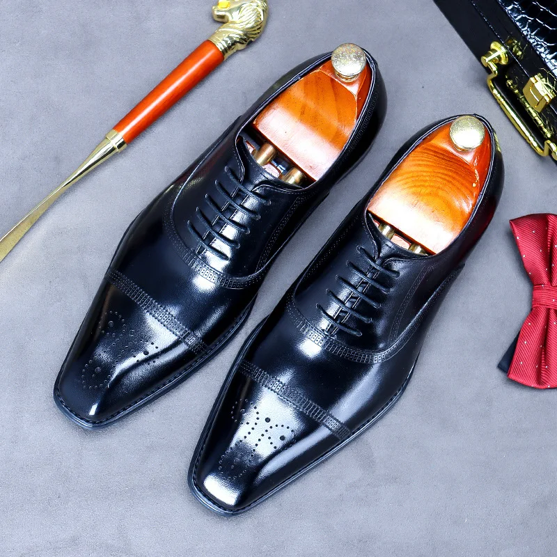 

Mens Business Dress Shoes Wear-Resistant Pointed Formal Casual Carved Breathable British Derby Shoes Men Handmade Leather Shoes