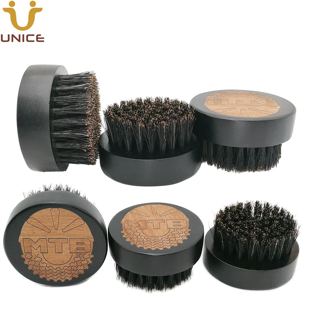 50 PCS OEM Black Wood Beard Brush Laser Etched Custom LOGO Men Round Wooden Facial Hair Whiskers with Boar Bristle